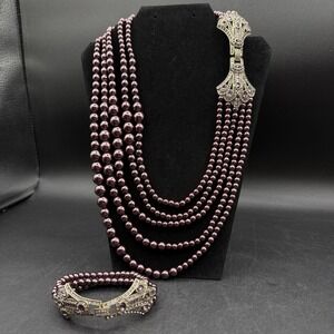 HSN Heidi Daus "Age of Elegance" Art Deco Necklace & 2 Bracelets Set Burgundy
